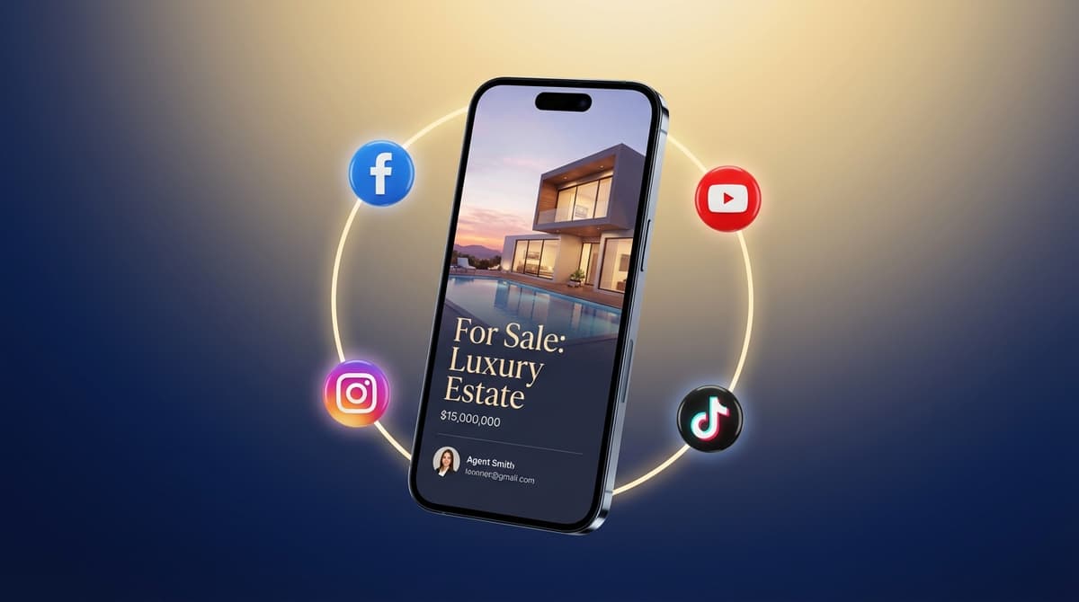 Smartphone displaying home listing with social media marketing