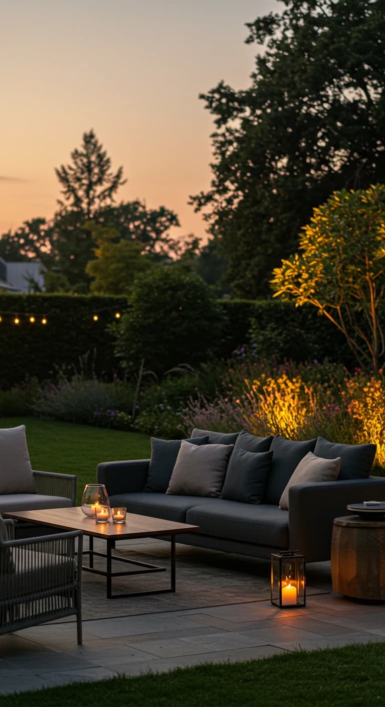 Representative landscaped backyard and outdoor seating at twilight