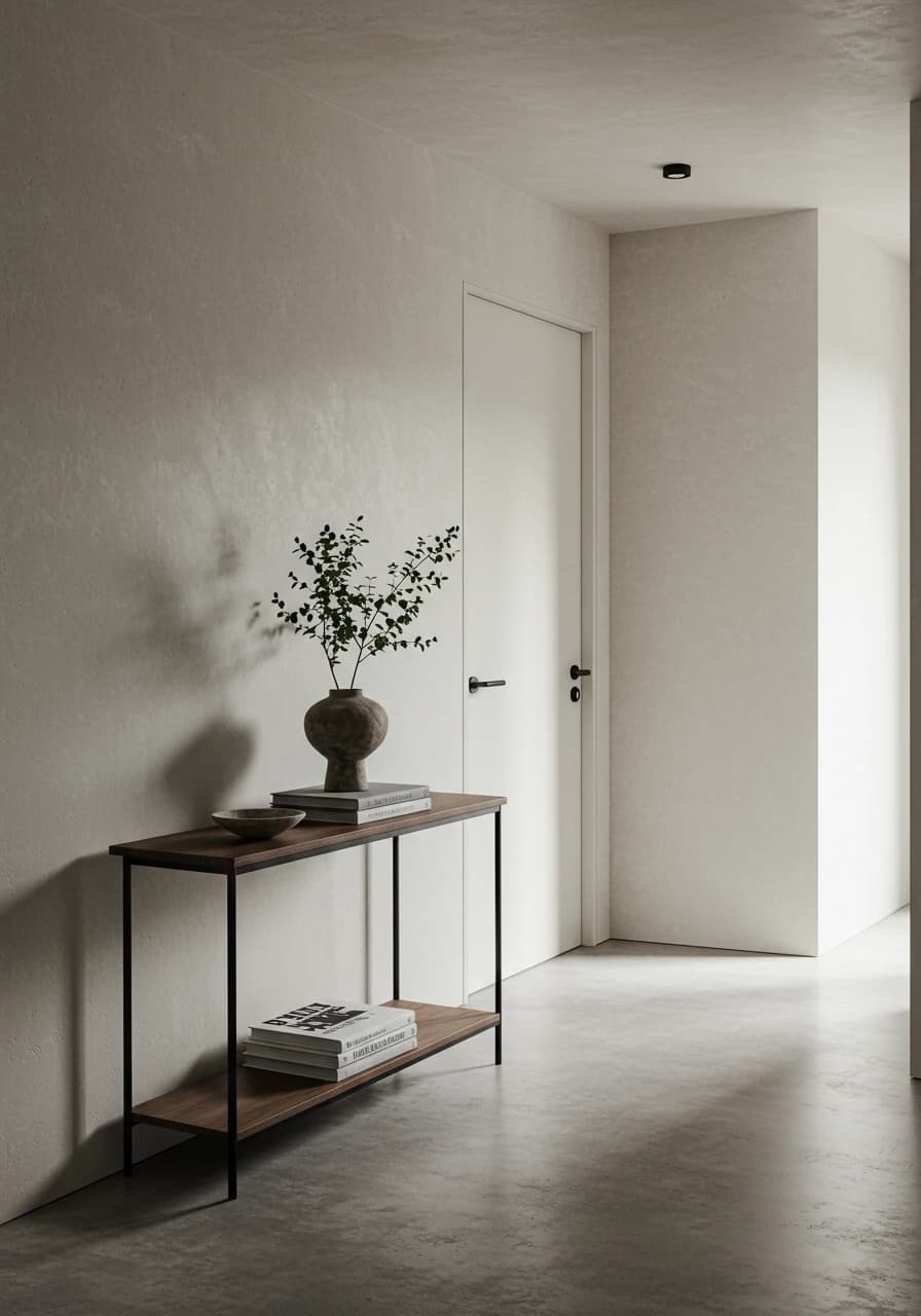 Quiet architectural entry with warm natural materials