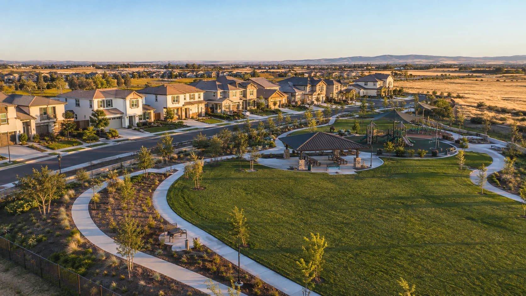 Representative newer West Roseville homes surrounding a landscaped neighborhood park