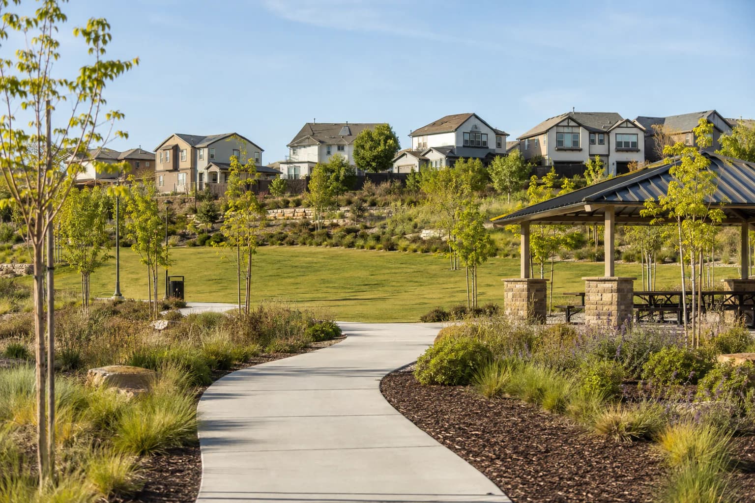 Representative walking path connecting a Rocklin neighborhood park and newer homes