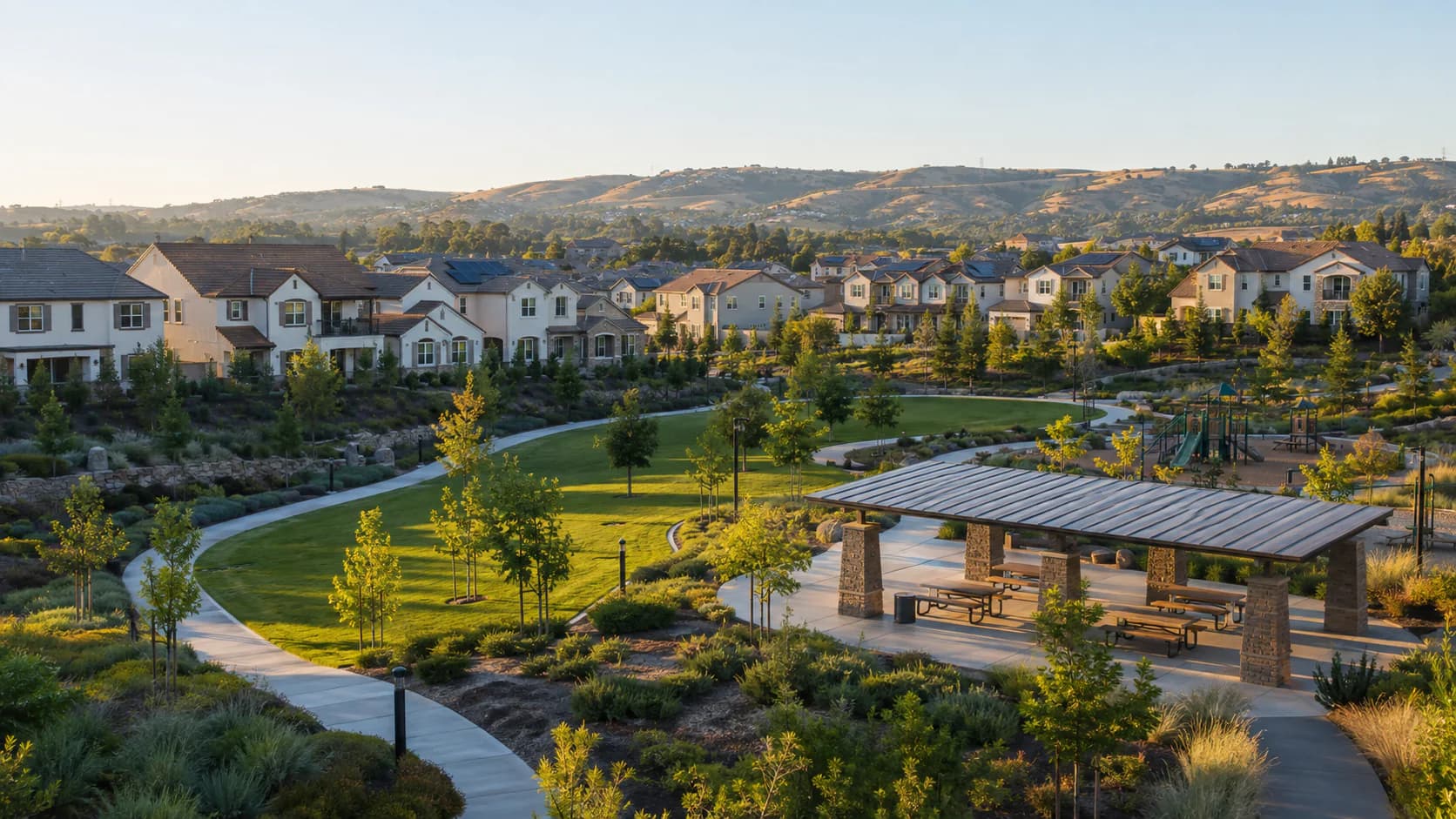 Representative Whitney Ranch-style homes surrounding a landscaped Rocklin neighborhood park