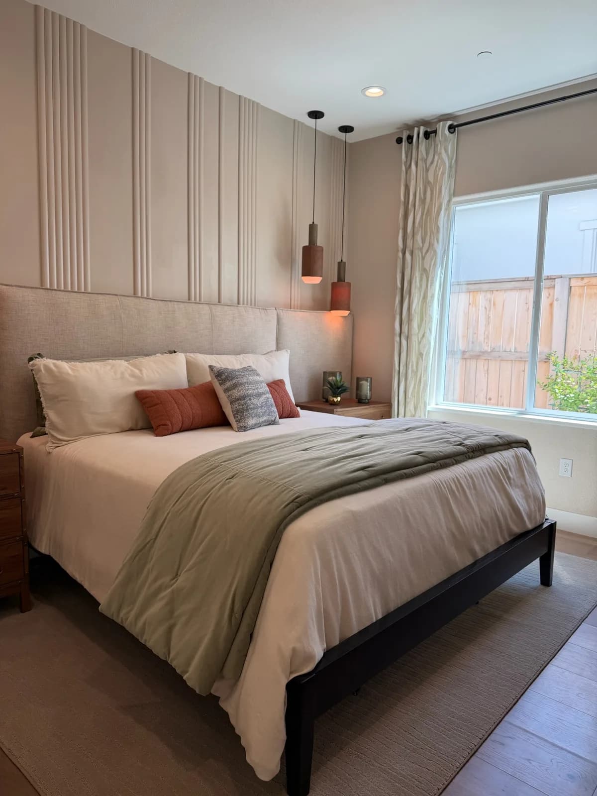Bedroom in a Blossom Ridge model home with paneled accent wall