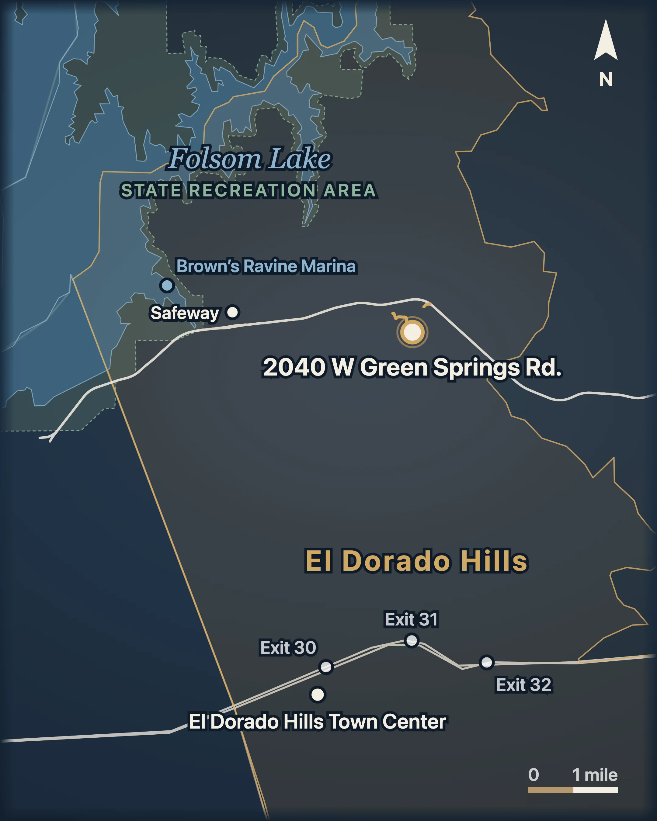 Area map of El Dorado Hills showing Folsom Lake and the shaded Folsom Lake State Recreation Area to the northwest, a pin at the parcel center of 2040 W Green Springs Road off Green Valley Road, Folsom Lake Marina at Brown’s Ravine, Safeway on Francisco Drive, El Dorado Hills, El Dorado Hills Town Center, and US 50 with exits 30, 31 and 32.